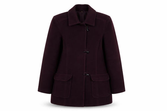 Front view of EWM women’s red overcoat coat, size UK 12