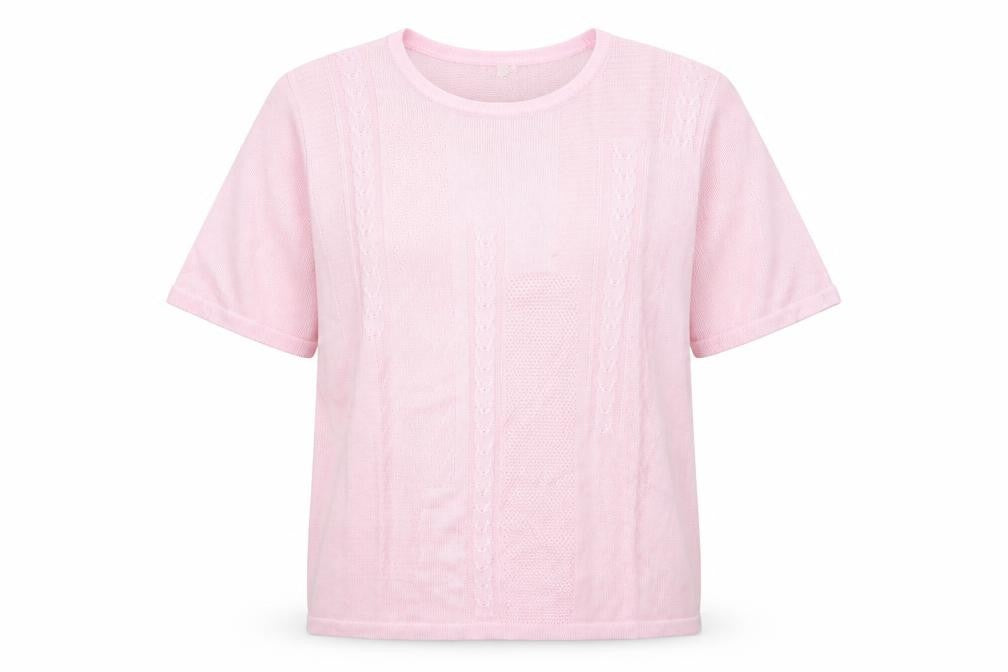 Front view of Preworn women’s pink knit jumper, size UK 12