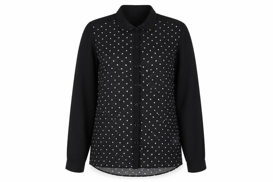 Front view of Papaya women’s black polka dot basic button-up, size UK 12