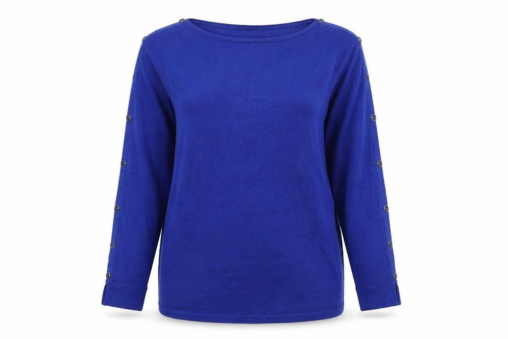 Front view of M&Co women’s blue knit jumper, size UK 10