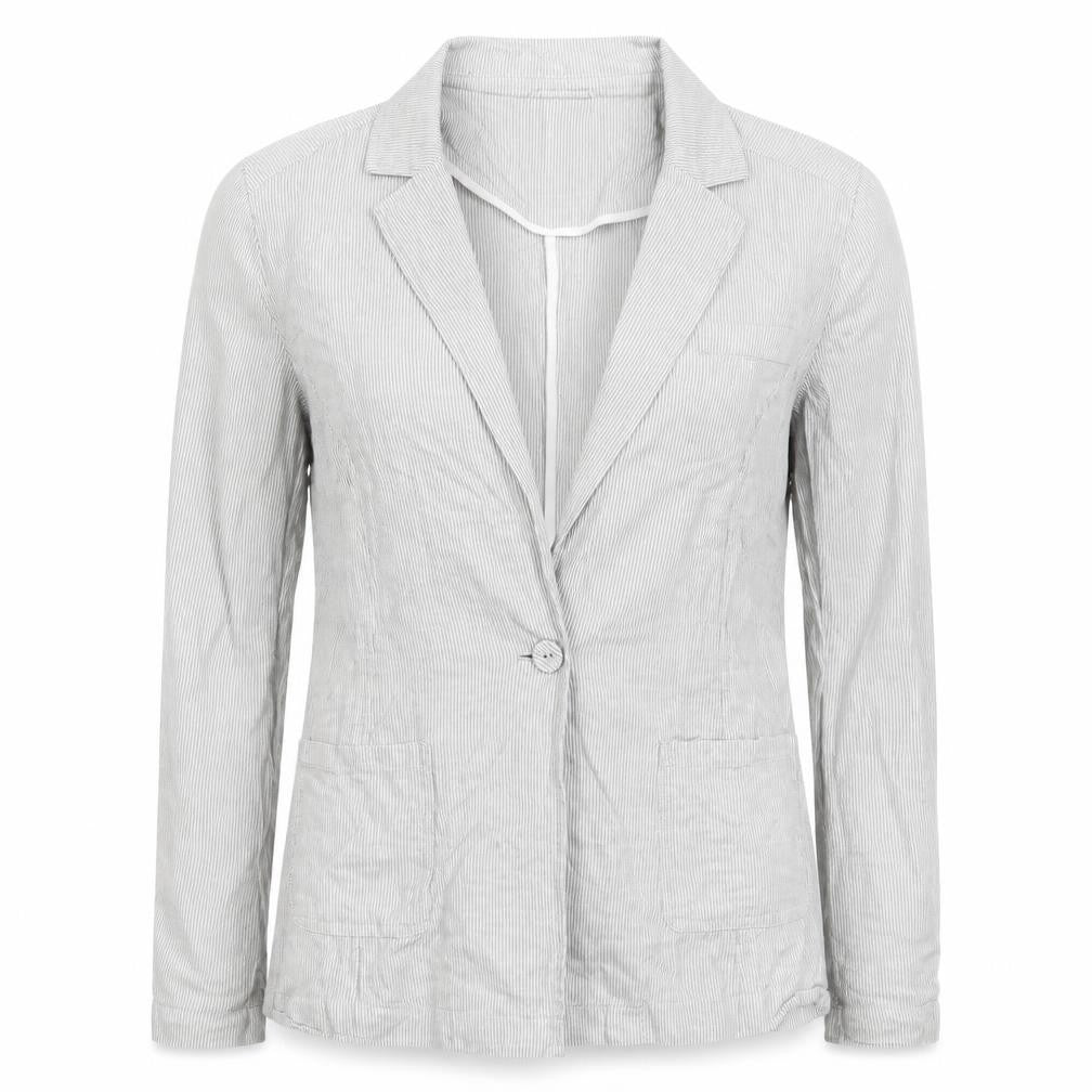 Front view of Marks & Spencer women’s grey striped jacket, size UK 10