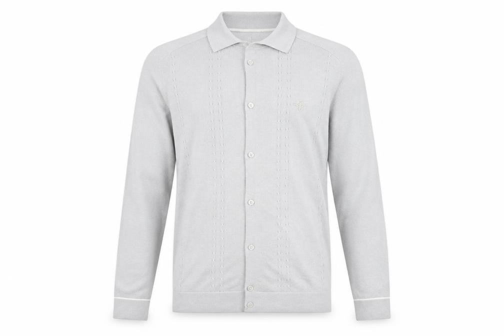 Front view of River Island men’s grey knit cardigan jumper, size S