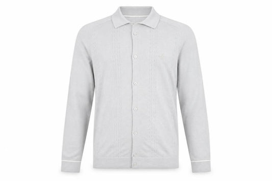 Front view of River Island men’s grey knit cardigan jumper, size S