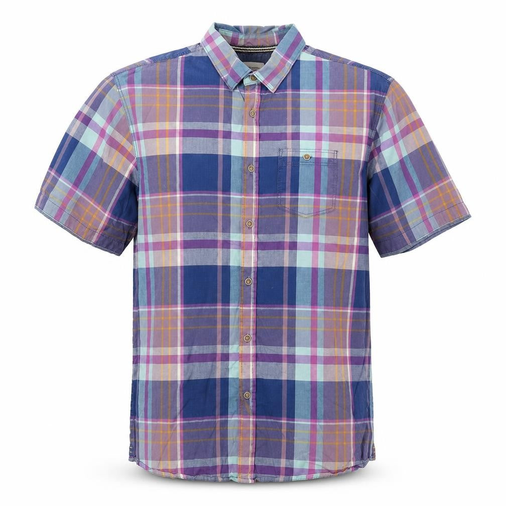 Front view of Boston Crew men’s blue plaid button-up, size XL