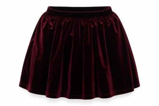 Front view of Topshop women’s purple velour flare skirt, size UK 6