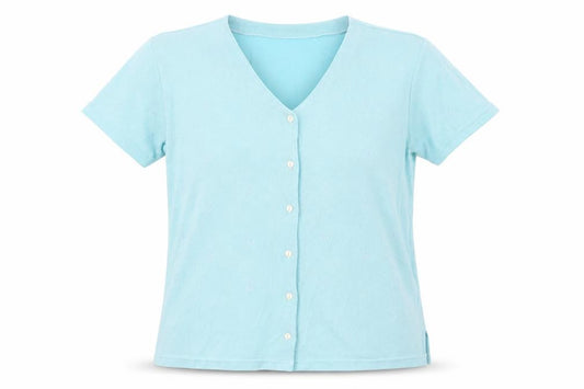 Front view of Papillon women’s blue basic button-up, size M