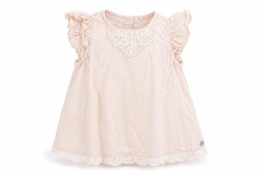 Front view of M girls’ pink polka dot fit & flare, size 9-12, months