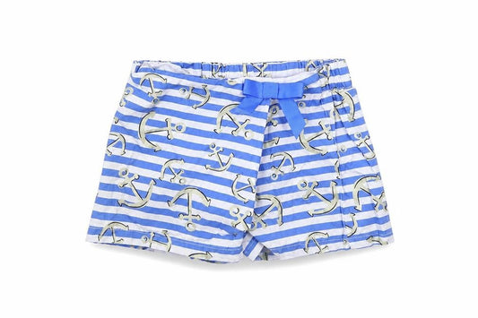 Front view of Preworn girls’ blue striped wrap shorts, size 7, years