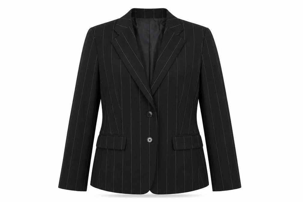 Front view of Impressions women’s black striped jacket suit jacket, size UK 14