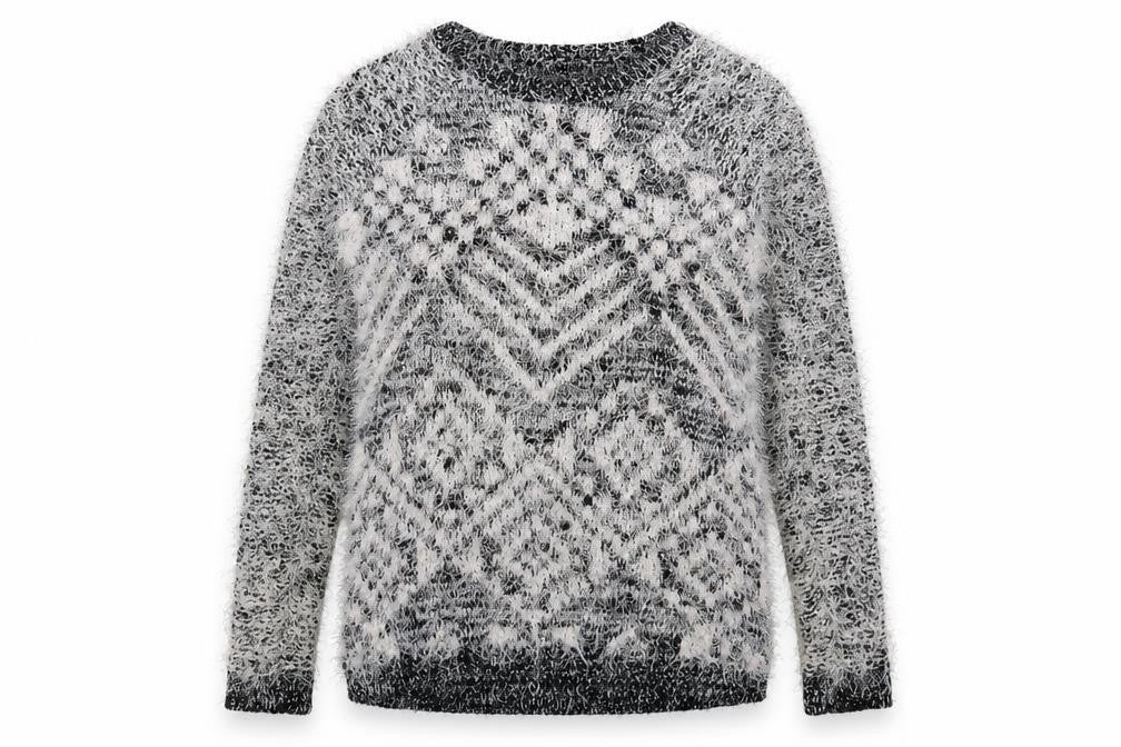 Front view of River Island women’s silver geometric knit jumper, size UK 10