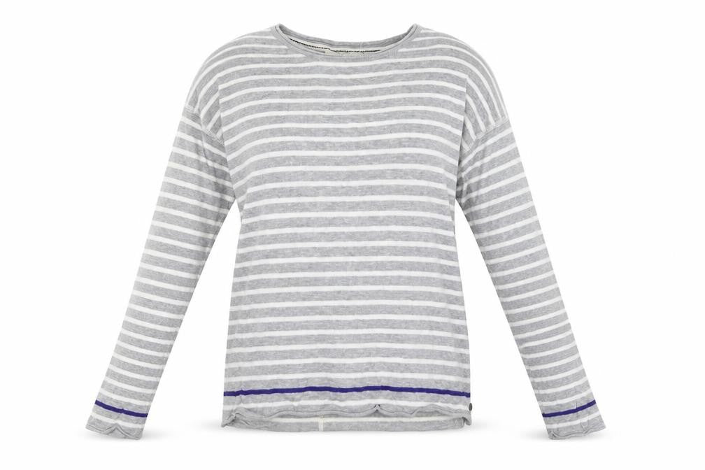 Front view of H&M women’s grey striped knit pullover sweatshirt, size S