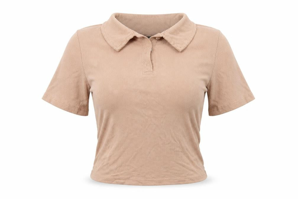 Front view of Primark women’s beige cropped polo, size UK 14