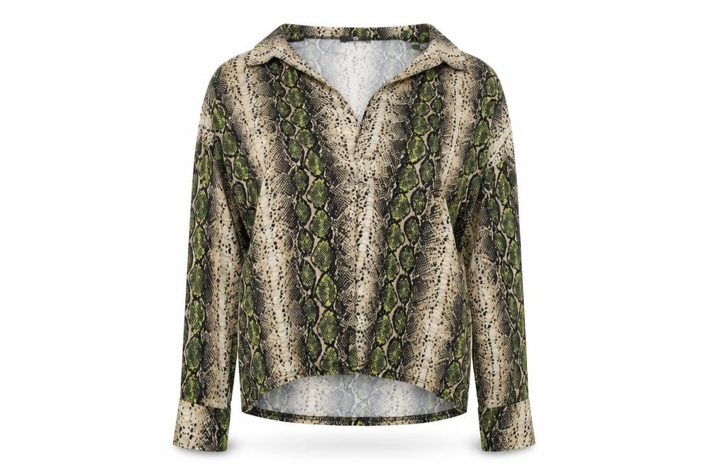 Front view of Missguided women’s green animal print basic blouse, size UK 8