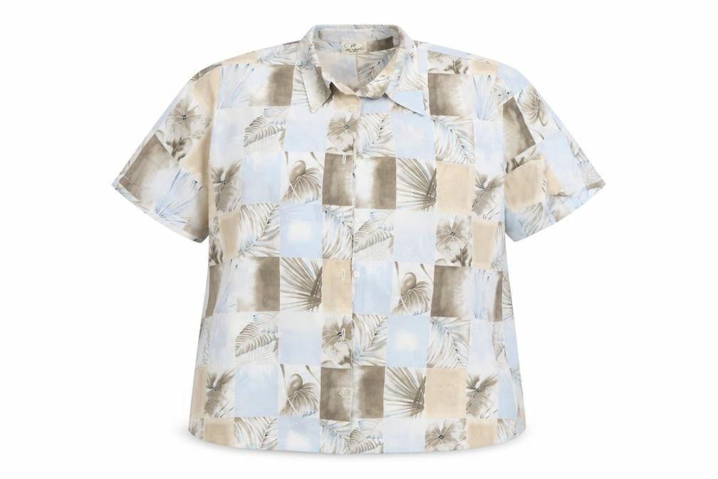Front view of JF women’s blue check basic button-up, size UK 16, - plants