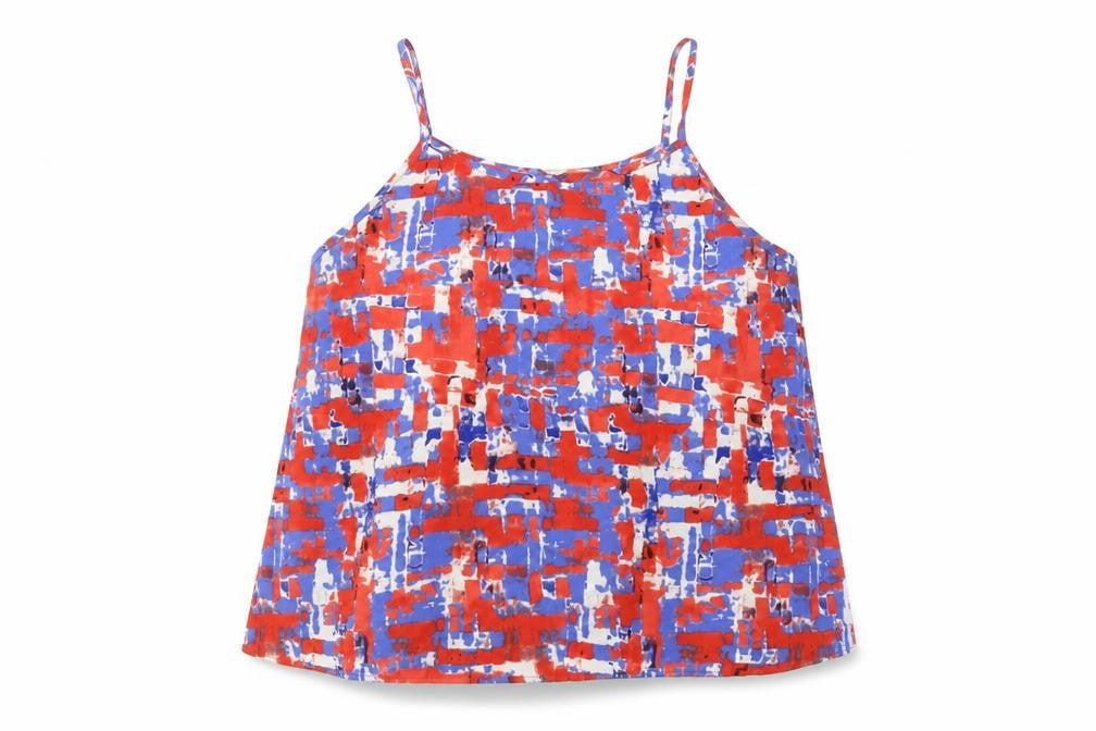 Front view of Peacocks women’s blue geometric camisole blouse, size UK 20