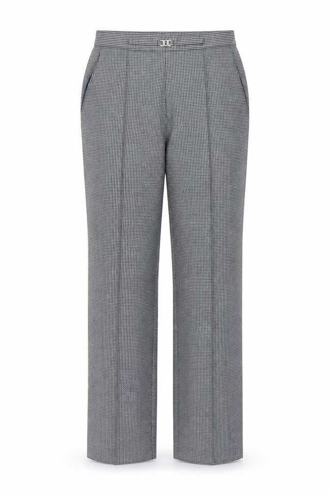 Front view of Marks & Spencer women’s blue houndstooth trousers, size UK 14, 26-inch leg