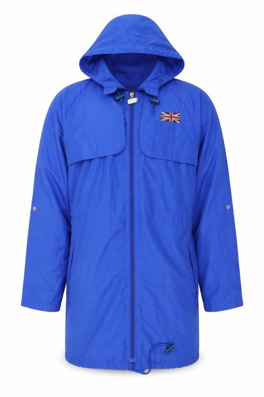 Front view of Denim & Co. men’s blue parka coat, size XS