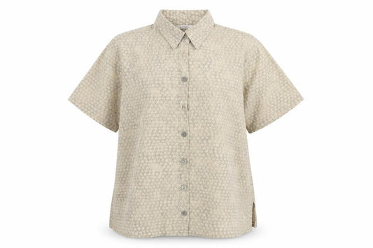 Front view of Marks & Spencer women’s beige floral basic button-up, size UK 10