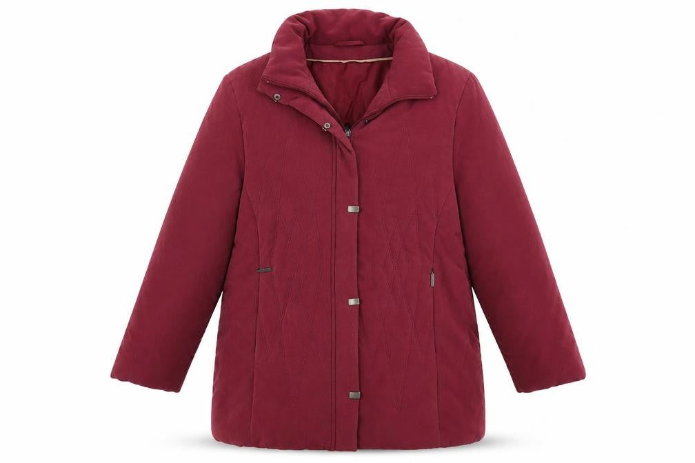 Front view of Preworn women’s purple jacket coat, size UK 16