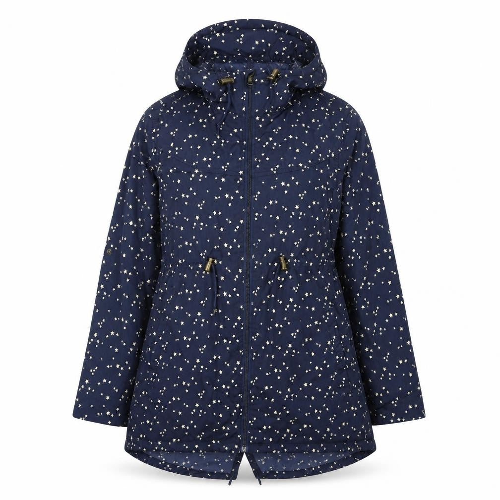 Front view of Denim & Co. women’s blue geometric jacket coat, size XS