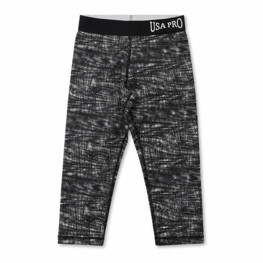 Front view of USA Pro girls’ black geometric jegging trousers, size 7-8, years - elasticated waist
