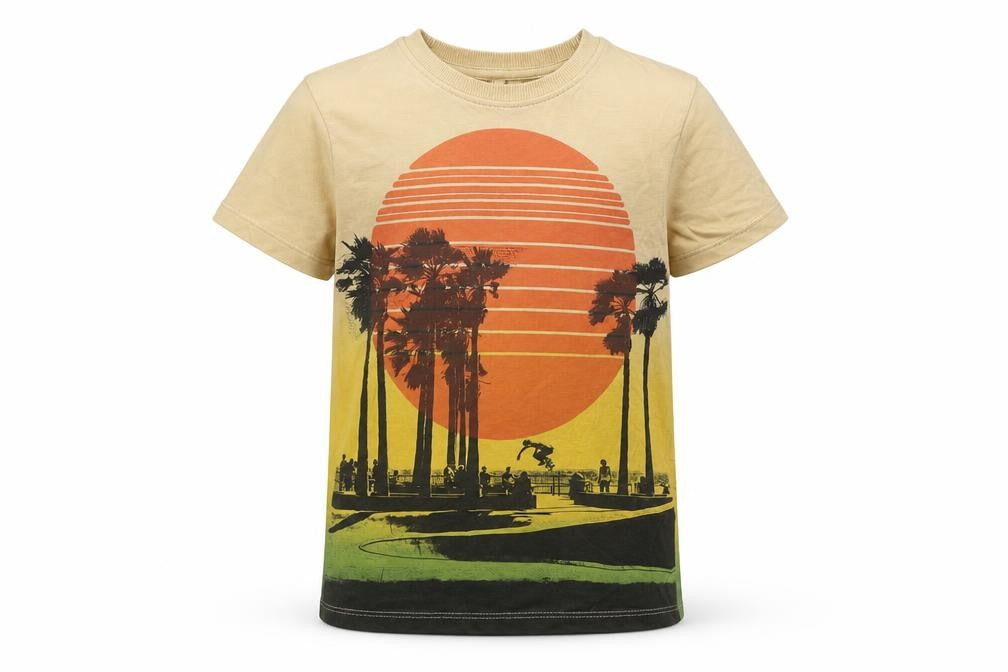 Front view of Marks & Spencer girls’ beige geometric basic t-shirt, size 7-8, years - palm trees