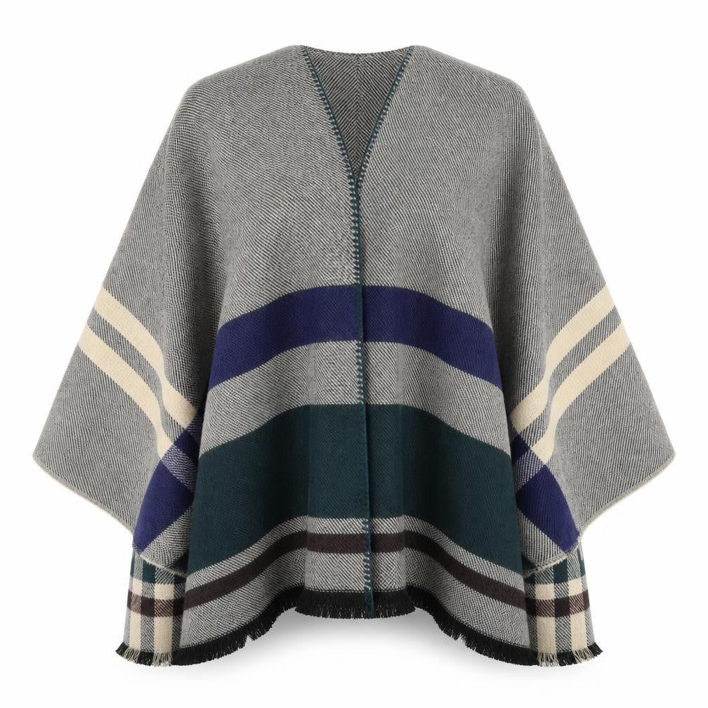 Front view of Preworn women’s grey plaid cape jumper one size