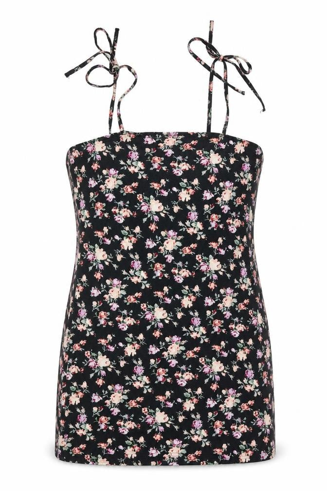 Front view of SHEIN women’s black floral camisole tank, size S