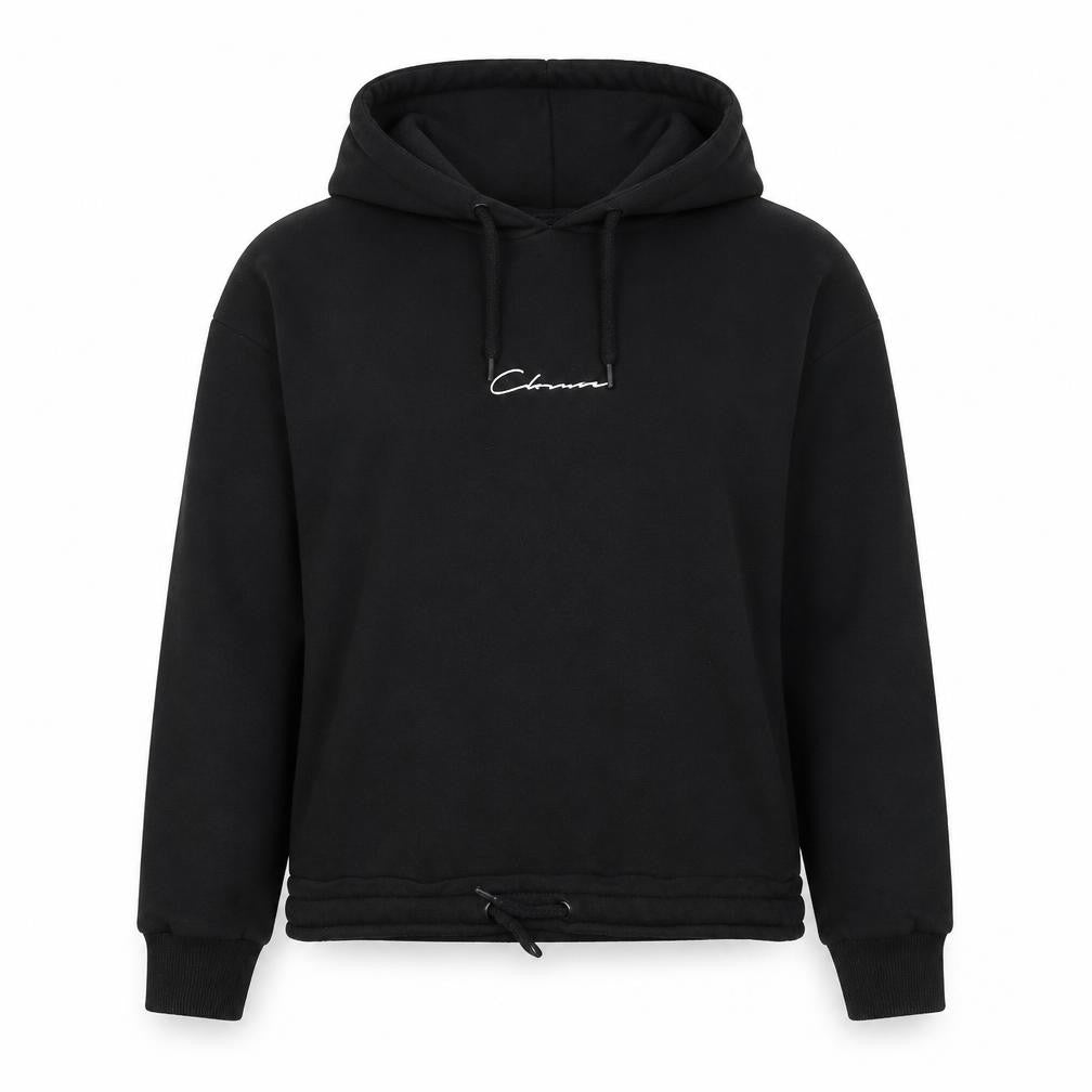 Front view of Closure London women’s black pullover hoodie, size UK 12
