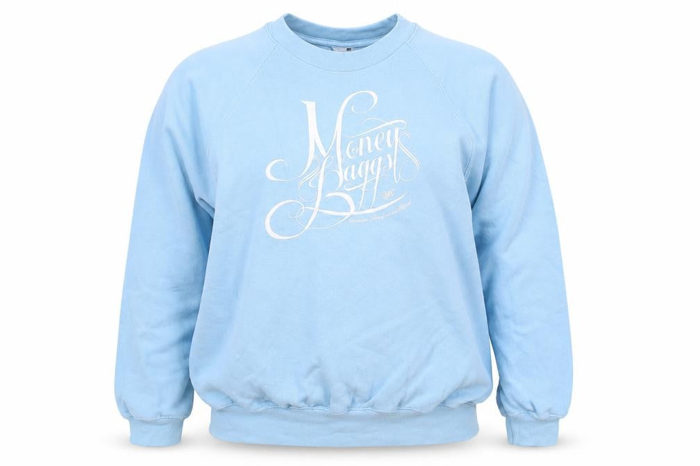 Front view of women’s blue pullover sweatshirt, size L