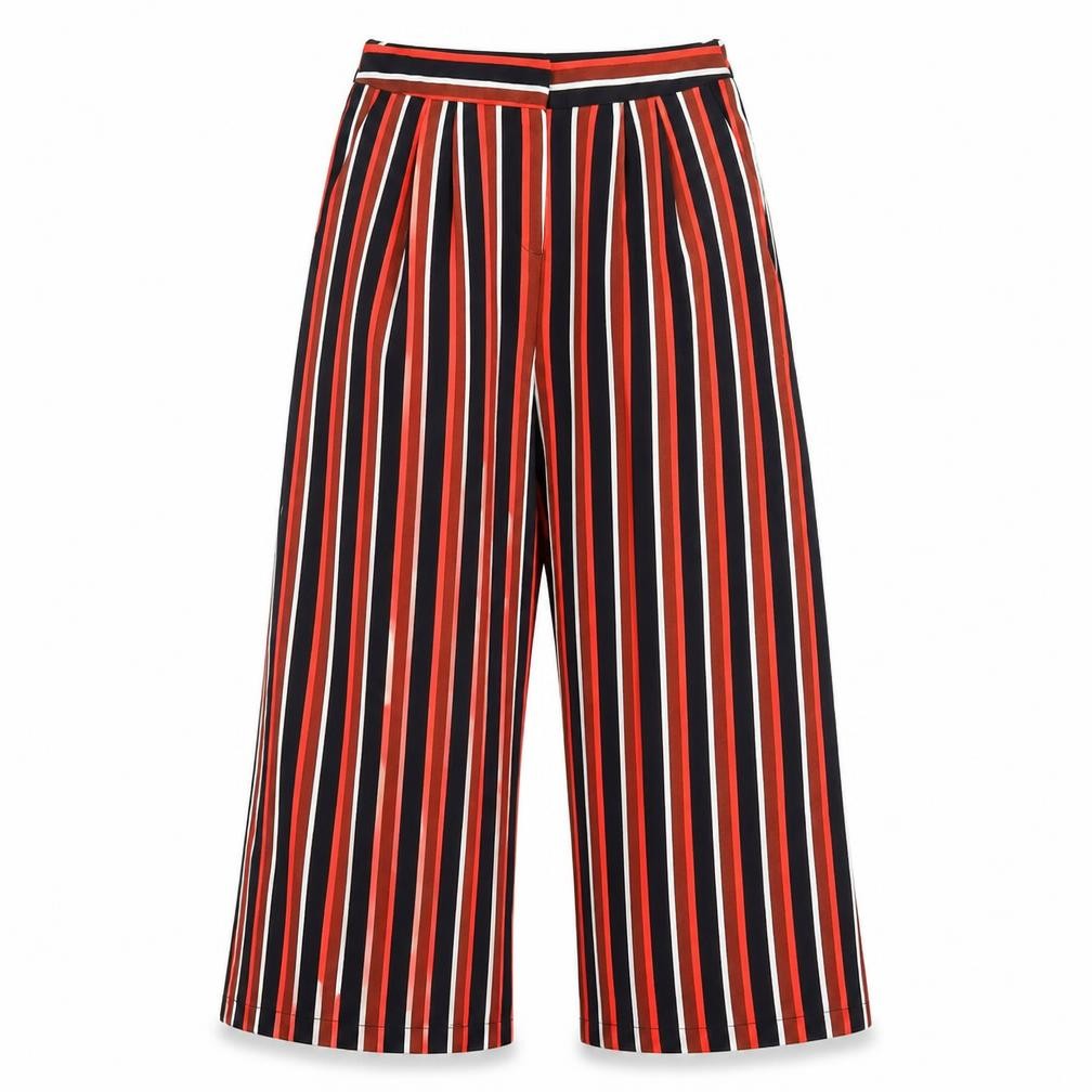 Front view of Primark women’s black striped trousers, size UK 14, 27-inch leg