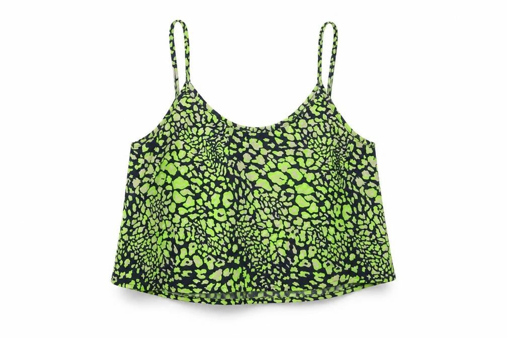 Front view of Topshop women’s green camouflage cropped tank, size UK 8
