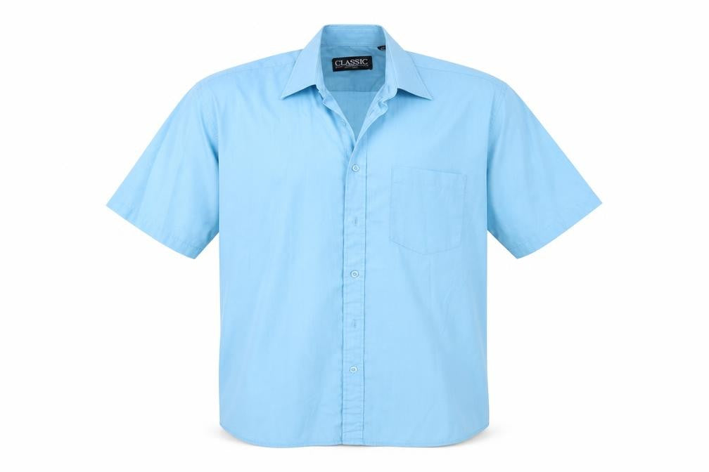 Front view of Classics men’s blue button-up, size 16.5