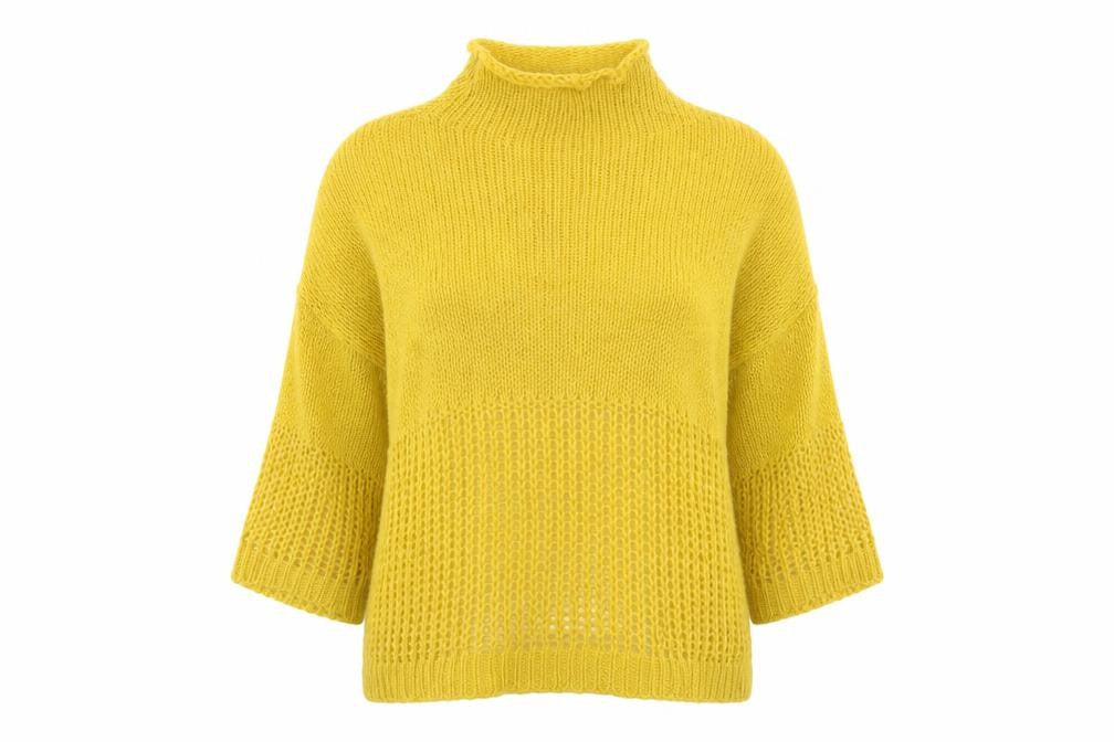 Front view of Preworn women’s yellow henley jumper, size M