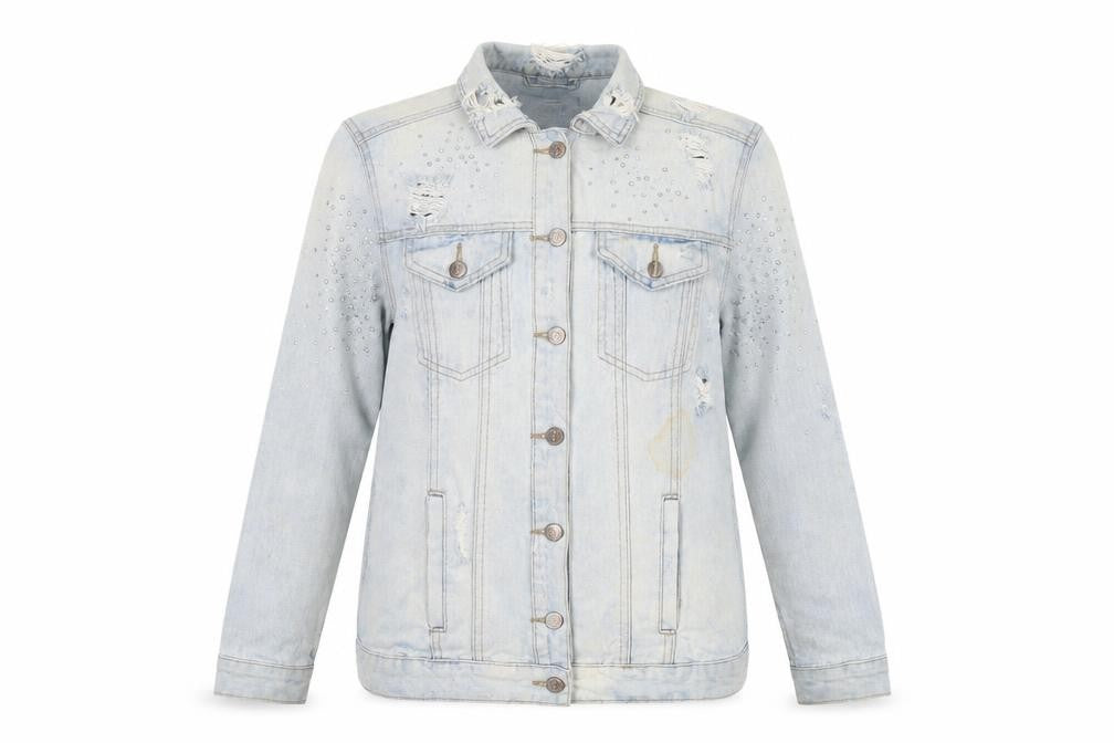 Front view of New Look women’s blue geometric jacket, size UK 10