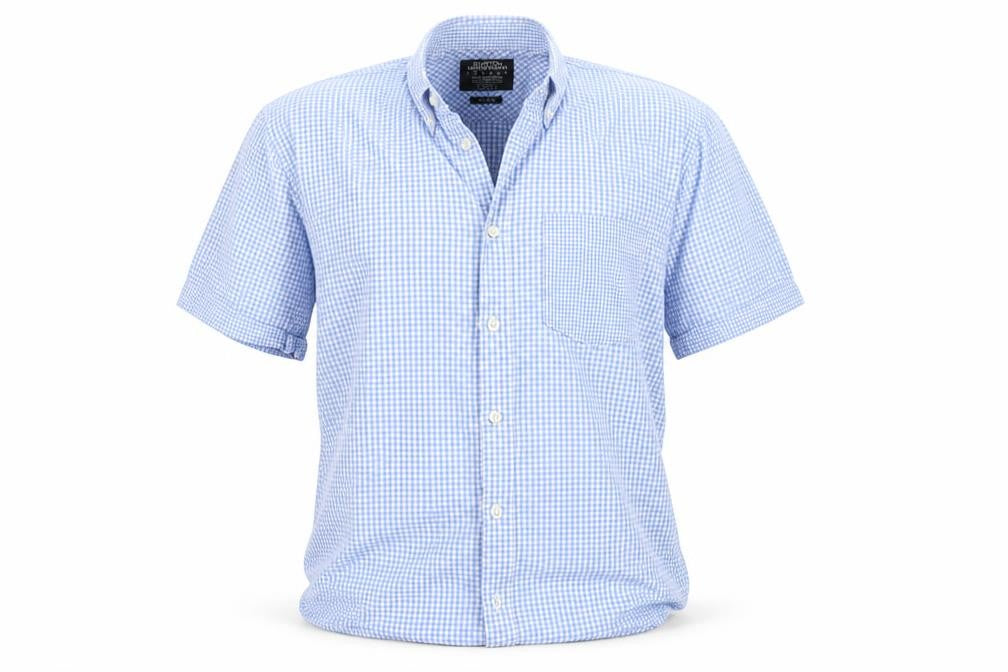 Front view of Burton men’s blue check button-up, size L
