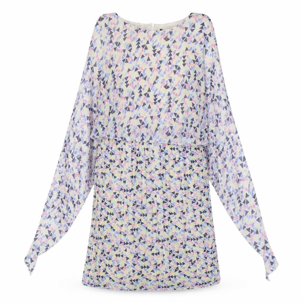 Front view of women’s multicoloured geometric a-line, size UK 8