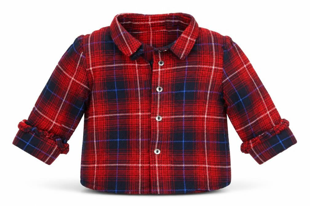 Front view of River Island Mini girls’ red check basic blouse, size 0-3, months - frilled cuffs