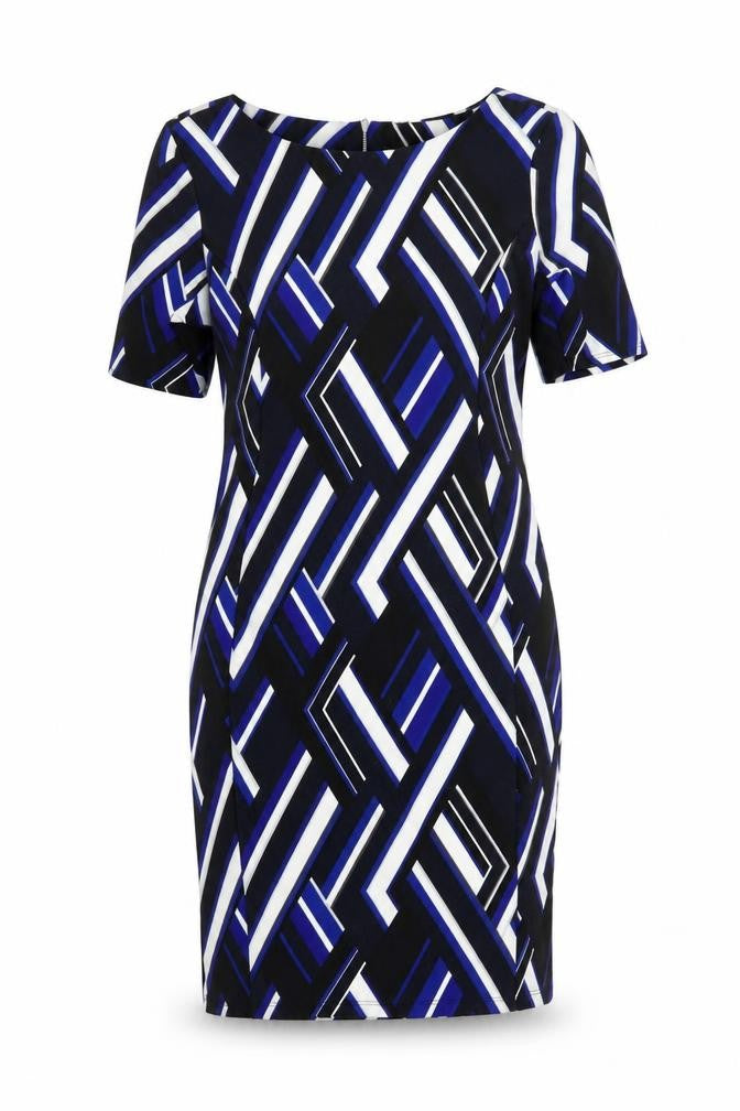 Front view of Dorothy Perkins women’s blue geometric sheath, size UK 14