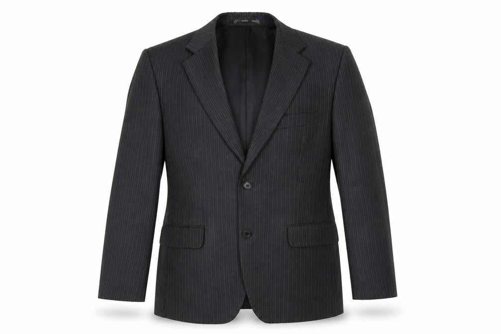 Front view of Pinstripe men’s black striped jacket blazer