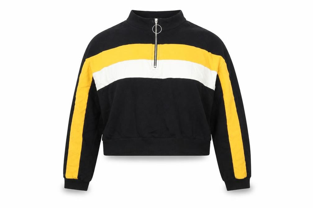 Front view of Select women’s black striped pullover sweatshirt, size UK 16