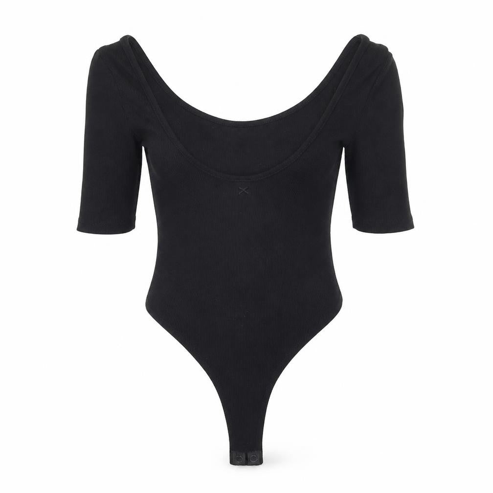 Front view of collision women’s black unitard one-piece, size UK 8