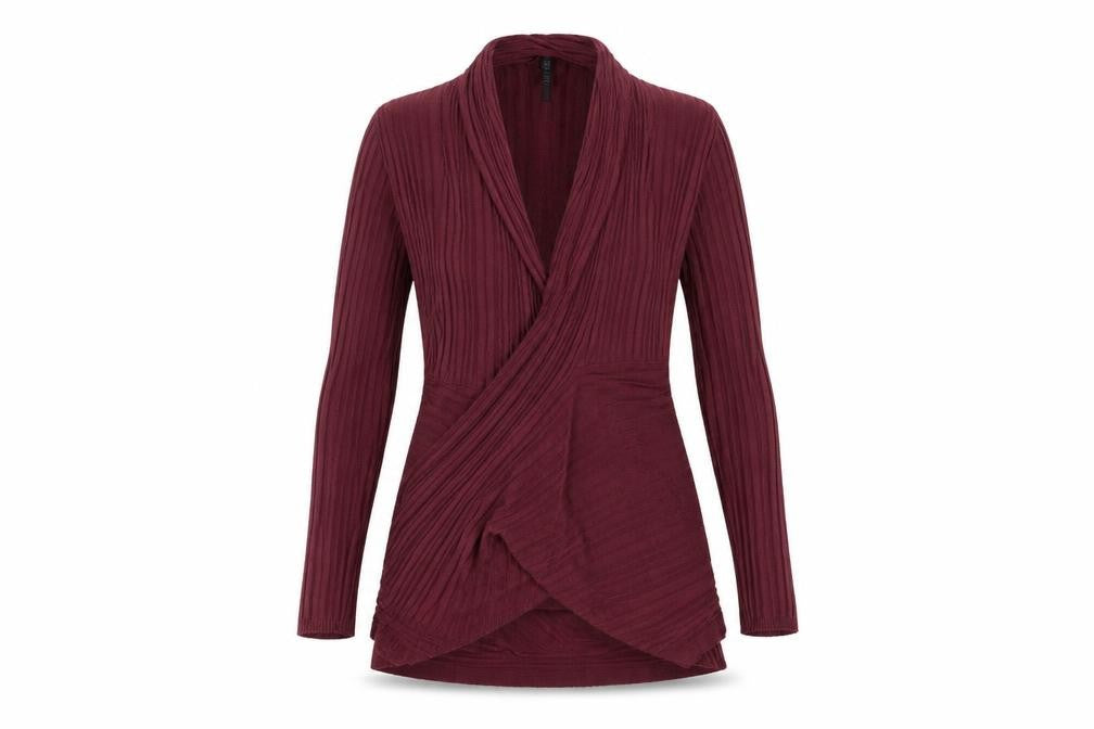 Front view of Preworn women’s red cardigan jumper, size UK 10