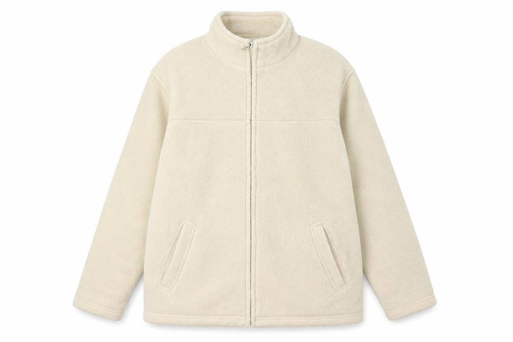 Front view of EWM women’s white full zip jumper, size S