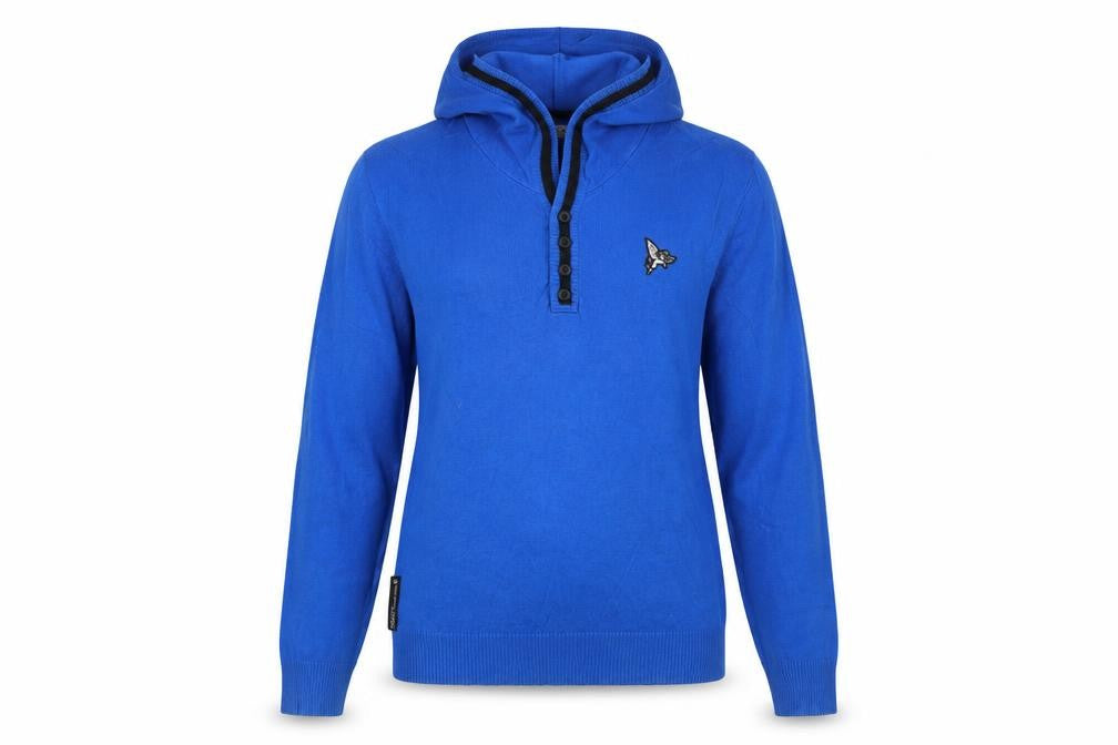 Front view of Henleys women’s blue pullover hoodie, size UK 4