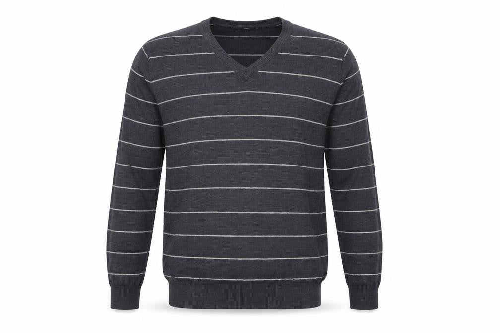 Front view of Gap men’s grey striped jumper, size M