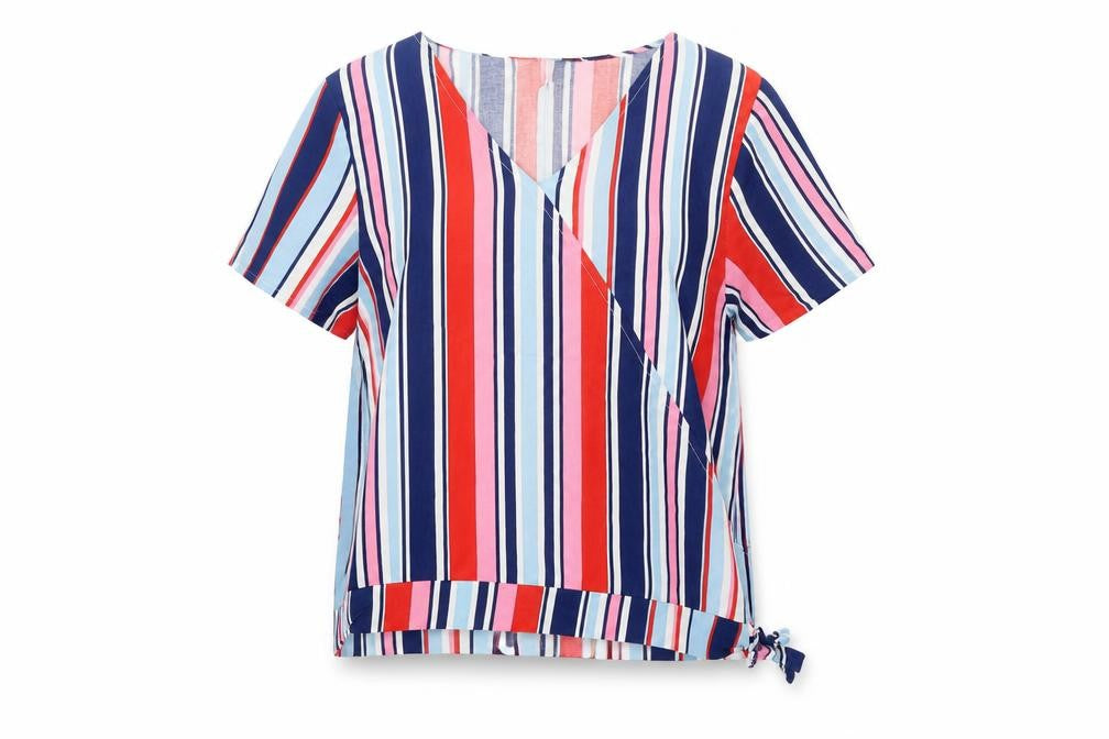 Front view of Primark girls’ multicoloured striped wrap blouse, size 12-13, years