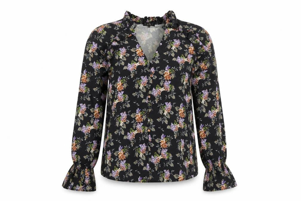 Front view of In the Style women’s black floral basic blouse, size UK 10