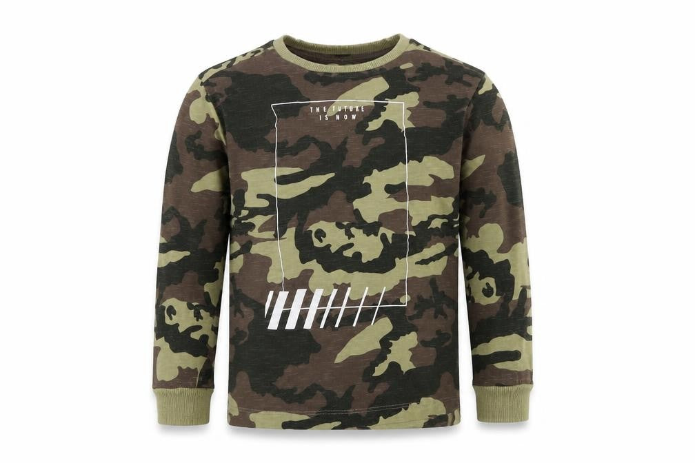 Front view of Next boys’ green camouflage basic t-shirt, size 5, years