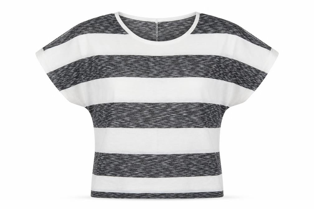 Front view of International women’s grey striped basic t-shirt, size UK 10